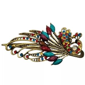 Rhinestone Peacock Hair Clip Multicolor Rainbow Bird Barrette Sparkly Statement